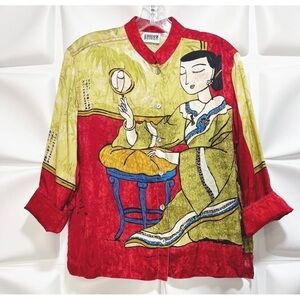 Chico's 0 Sz S Womens 100% Silk Asian Paint Geisha Design Art-to-Wear Blouse Top